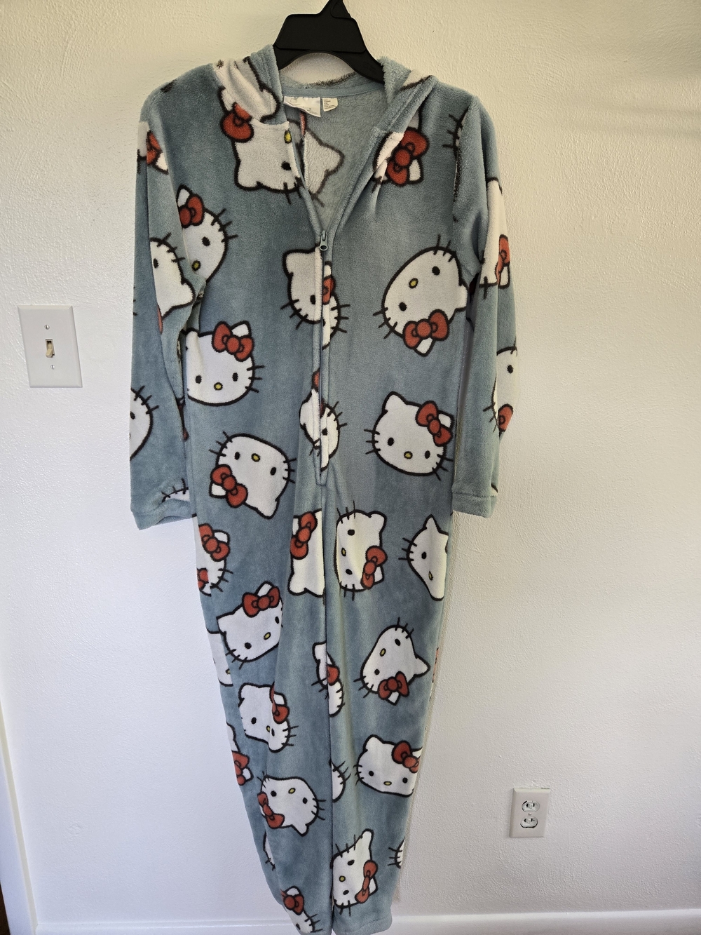 Hello Kitty Light Blue Hooded Fleece Onesie with Red Bow Print